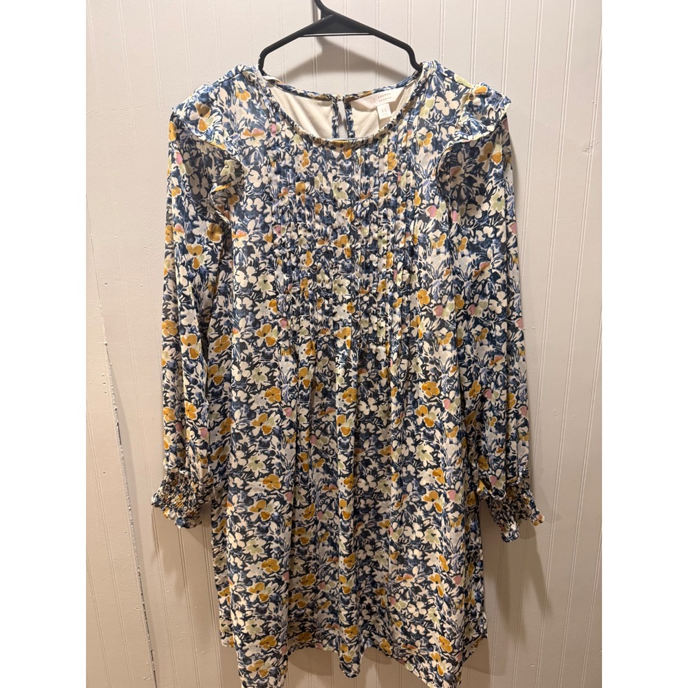 LC Lauren Conrad Floral Pleated Front Mini Dress Blue Yellow XS‎